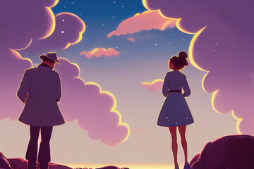 an agent saying goodbye scene to his wife, pink landscape illustration