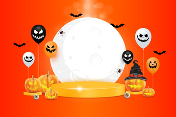 Halloween template design for social media with blank product podium scene. Halloween pumpkins and ghost balloons with moon on orange background. 3D vector. 