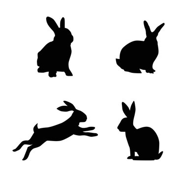 Silhouettes of rabbits isolated on a white background. Set of different easter bunnies silhouettes for design use.