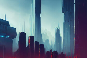 fog scene at a big city, cyberpunk concept art