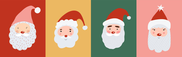 Set of Cute Santa Claus faces poster on colorful retro background. Vector Christmas characters in cartoon style. 