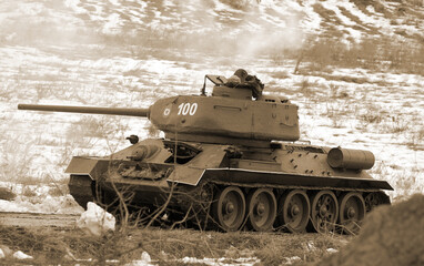 Fototapeta premium Soviet tank T-34 during historical reenactment of 1945 WWII