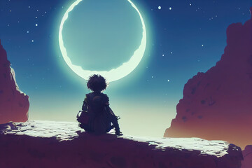 a anime manga girl sitting in front of the moon, sitting on a hill