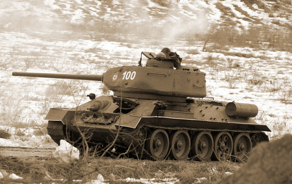 Soviet tank T-34 during historical reenactment of 1945 WWII