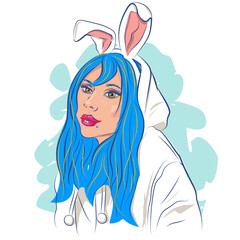 girl in a rabbit costume, cute, with a headband with ears on her head. - 539125512
