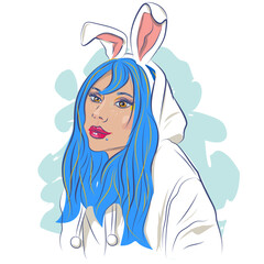 A girl in a rabbit costume, cute, with a headband with ears on her head. - 539125528