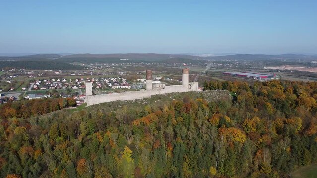Castle in Checiny filmed from above overlooking the city of Checiny, Poland.