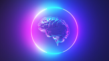 3d rendered illustration of an abstract metallic brain with neon lights - obrazy, fototapety, plakaty