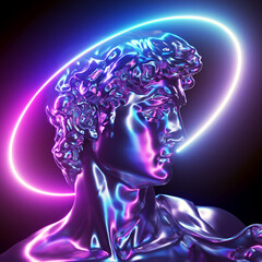 3d rendered illustration of an abstract metal david statue with neon lights