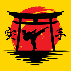 Vector Illustration of Karate bellow the gate isolated on yellow background with red circle brush
