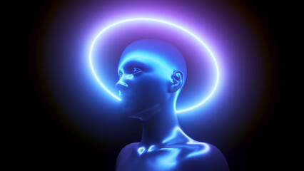 3d rendered illustration of a female metal head with neon lights