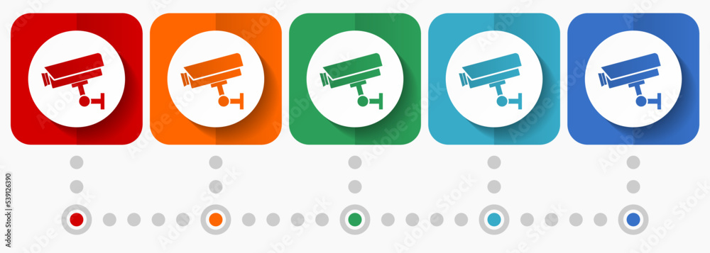 Poster Cctv camera vector icons, infographic template, set of flat design security system symbols in 5 color options