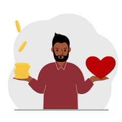 Money and a red heart in the hands of a man. Imbalance in lifestyle and work. Comparison of business stress and a healthy lifestyle. Balance of work and life.