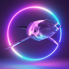 3d rendered neon light illustration of a chrome whale
