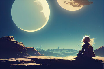 manga girl starring the moons at a fantasy place, illustration