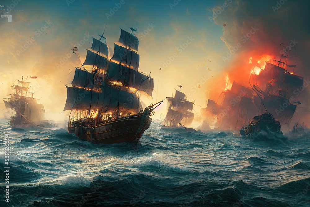 Poster pirate ship fighting scene, fire canons ahead, disaster