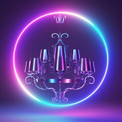 3d rendered neon light illustration of a chrome chandelier