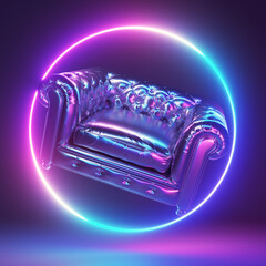 3d rendered neon light illustration of a chrome armchair