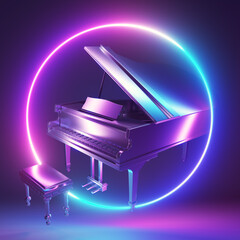 3d rendered neon light illustration of a chrome piano