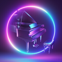 3d rendered neon light illustration of a chrome piano