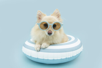 Cute pomeranian dog summer inside of an blue striped infltable ring going on vacations. Isolated on...
