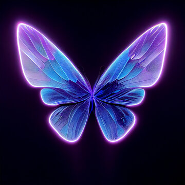 Glowing blue and purple butterfly with textured scaly wings. Digital art on dark background.