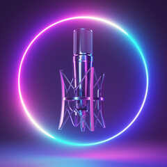 3d rendered neon light illustration of a chrome microphone