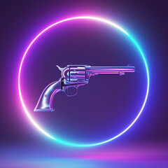 3d rendered neon light illustration of a chrome gun