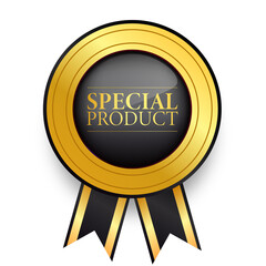 Special product realistic gold labels and badges with ribbon.