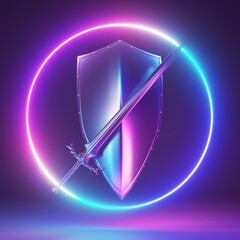 3d rendered neon light illustration of a chrome sword and shield