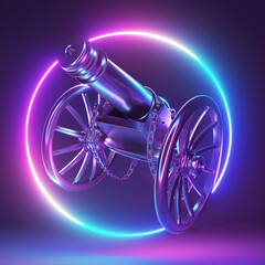 3d rendered neon light illustration of a chrome cannon