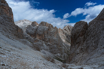 The mountains and landscape of the Dolomites near the Vajolet Towers and the Re alberto refuge,...