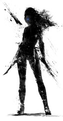 The silhouette of a beautiful girl with long hair, he stands gracefully with two paired combat knives ready for battle, she is wearing a cyber suit, her eyes glow blue. 2d isolated PNG art