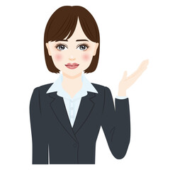 woman in gray suit with short hair is guiding