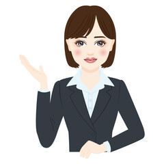 woman in gray suit with short hair is guiding