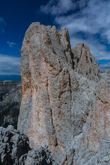 The mountains and landscape of the Dolomites near the Vajolet Towers and the Re alberto refuge, near the town of Vigo di Fassa, Italy - August 2022.