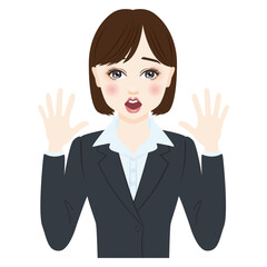 woman in gray suit with short hair is surprised