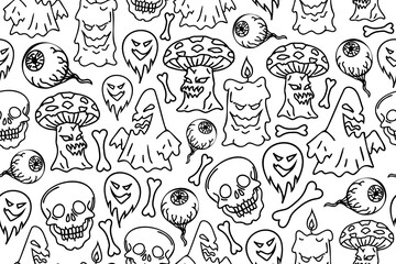 Halloween seamless pattern. Repeating pattern with outline evil creatures, ghosts, mushrooms, skulls, bones. Template for endless repetition.