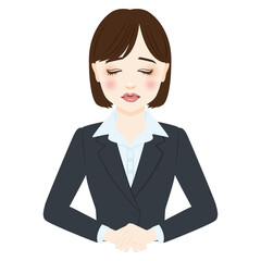 woman in gray suit with short hair make an apology