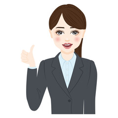 woman in gray suit with ponytale make a thumbs up