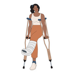 Broken leg woman with crutches vector illustration in line filled design