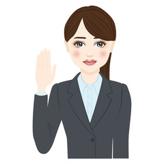 woman in gray suit with ponytale raise a hand