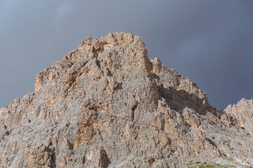 The landscape and the peaks of the Dolomites of the Val di Fassa, one of the most famous and touristic valleys of Trentino, near the town of Canazei, Italy - August 2022.