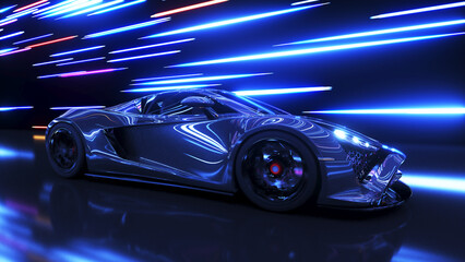 Obraz na płótnie Canvas 3d rendered illustration of a generic race car in a tunnel with lights flying by