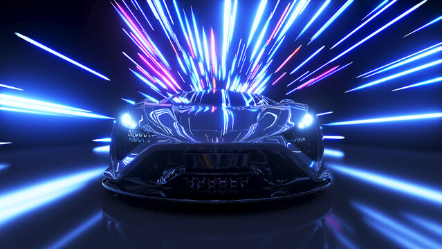 3d rendered illustration of a generic race car in a tunnel with lights flying by