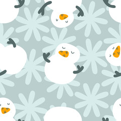 Winter seamless pattern with snowmen and snowflakes. Childish print for tee, paper, fabric, textile. Hand drawn vector illustration for decor and design.