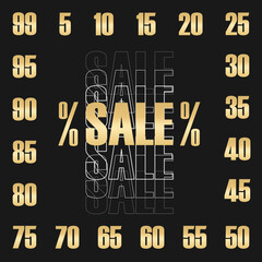 Set of icons for shops,sale banners,Black Friday. Vector illustration of design gold percentage and word Sale. Special offer symbol. Discount tag badge. Isolated on black background.