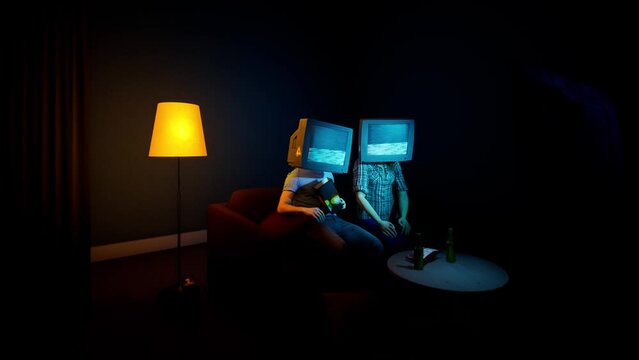 TV Propaganda. A family sitting on a sofa with televisions instead of a head. Concept of influence of media on people. 