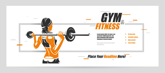 Obraz na płótnie Canvas Push the barbell gym and fitness vector advertising flyer, young attractive woman doing workout exercises with a barbell, perfect muscular athletic body young adult girl sport training banner.