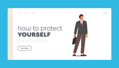 How to Protect Yourself Landing Page Template. Smiling Confident Businessman, Male Character Wear Suit with Briefcase